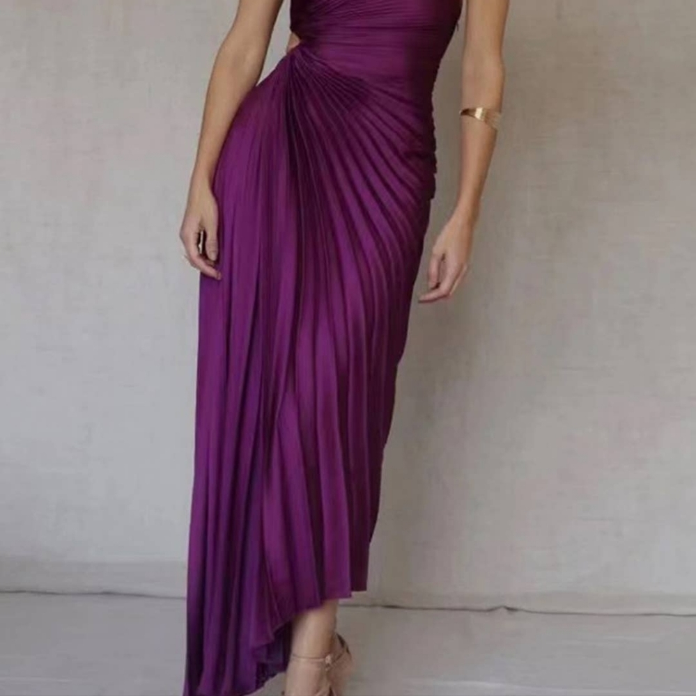 Single Shoulder Purple Diagonal  neckline Pleated Hollow Out Dress